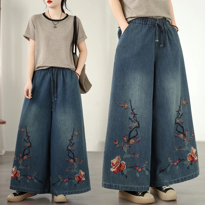 

Джинсы женские с вышивкой, широкие, прямого кроя, с высокой талией, повседневные, весна-лето, новинка