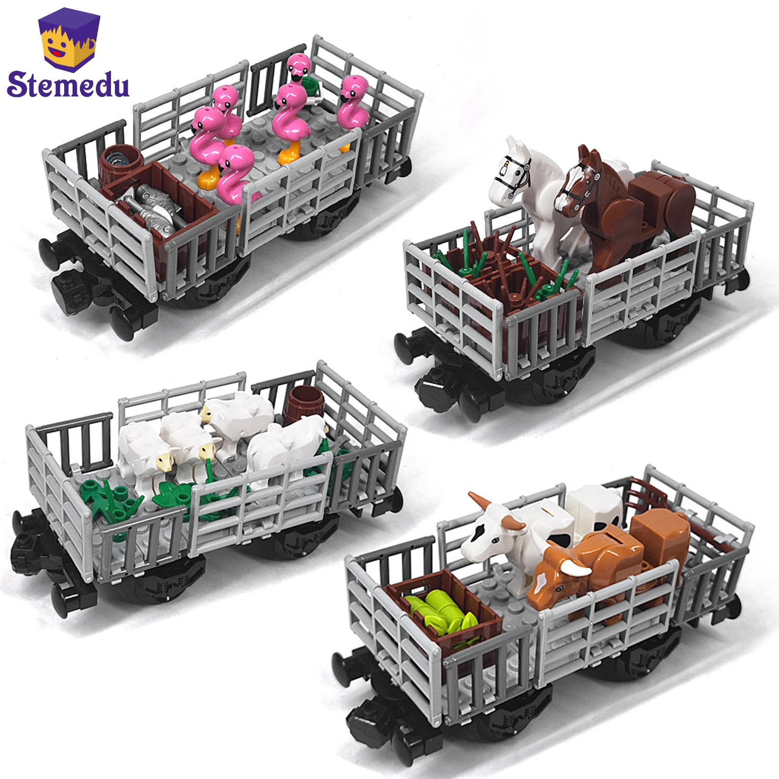 Moc trem transporte de animais transporte veículo bloco de construção trem modular conjunto chassi ovelha cavalo vaca porco caminhão brinquedos diy para crianças