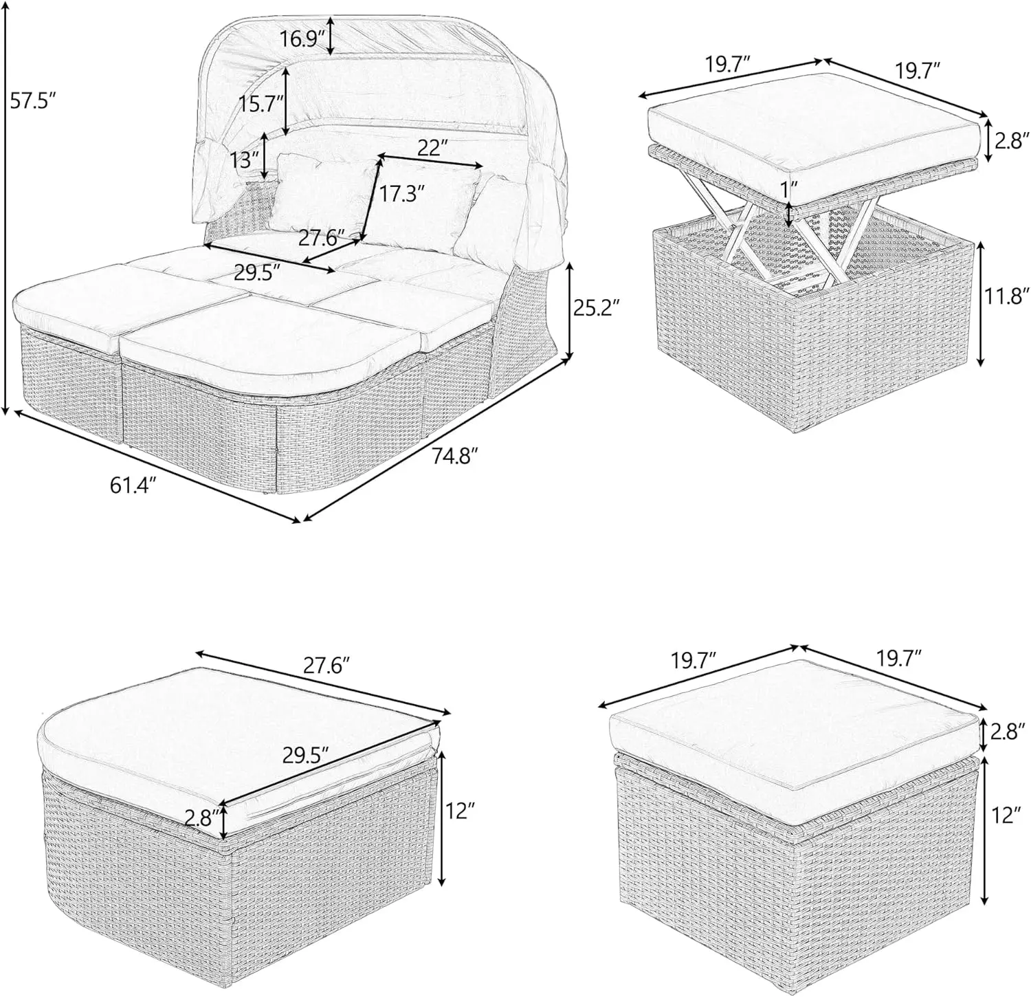 Patio Furniture Set Daybed with Lift-top Table & Retractable Canopy, Wicker Rattan Outdoor Conversation Set w/Upholstered