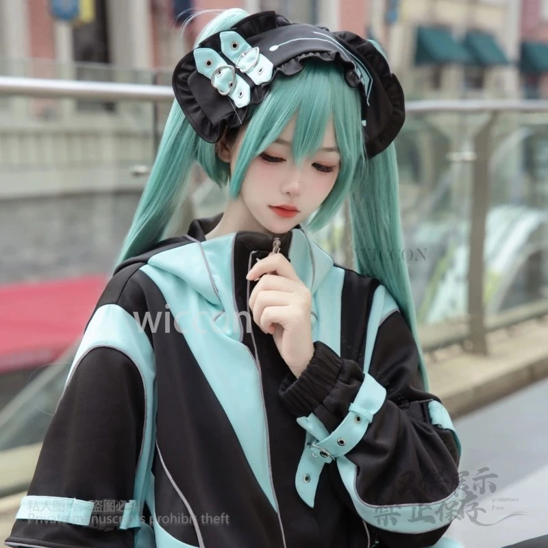 Miku Cosplay styl japoński kopalnia odzież sportowa garnitur kobiety czarny zielony kolor kurtka szorty zestaw nakryć na nogi stroje na Halloween Cos