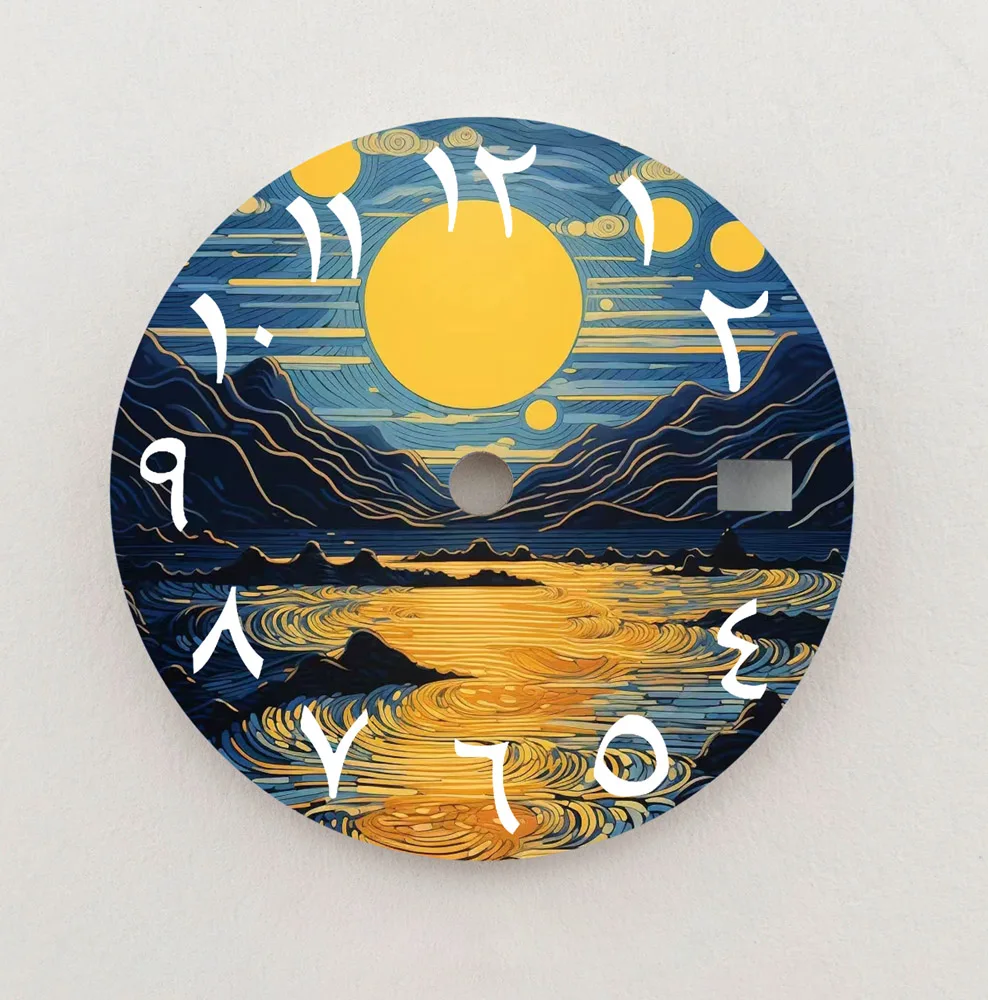 アラビア数字の文字盤,カスタムロゴ,湖と日没のシリーズ,28.5mm,モバイル,nh35,36に適しています