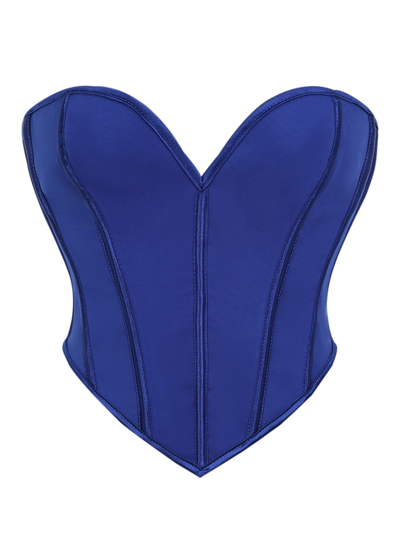 

Klein blue netted heart-shaped plunging bustier with corset shaping and no shoulder straps, fishbone silhouette design