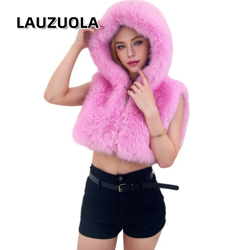 Sexy Faux Fur Hooded Cropped Vest Tops Spice Girl 2026 New Autumn Winter Fashion Elegant Women Sleeveless Short Vest Jackets