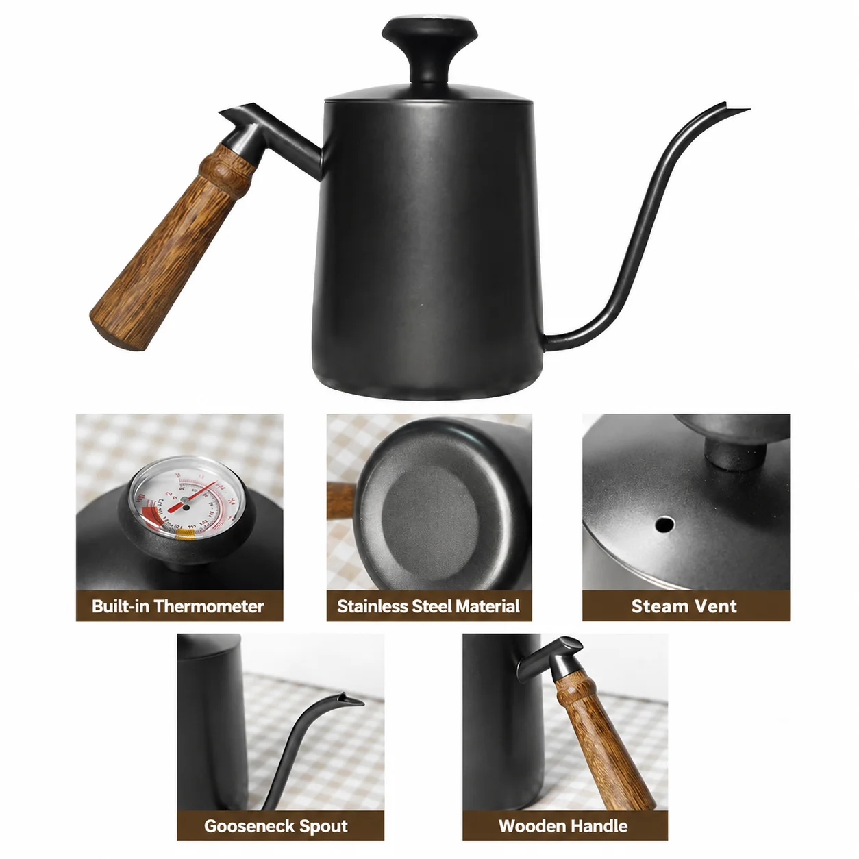 Stainless Steel Pour Over Coffee Kettle with Thermometer Gooseneck Drip Coffee Pot for Hand Brewing