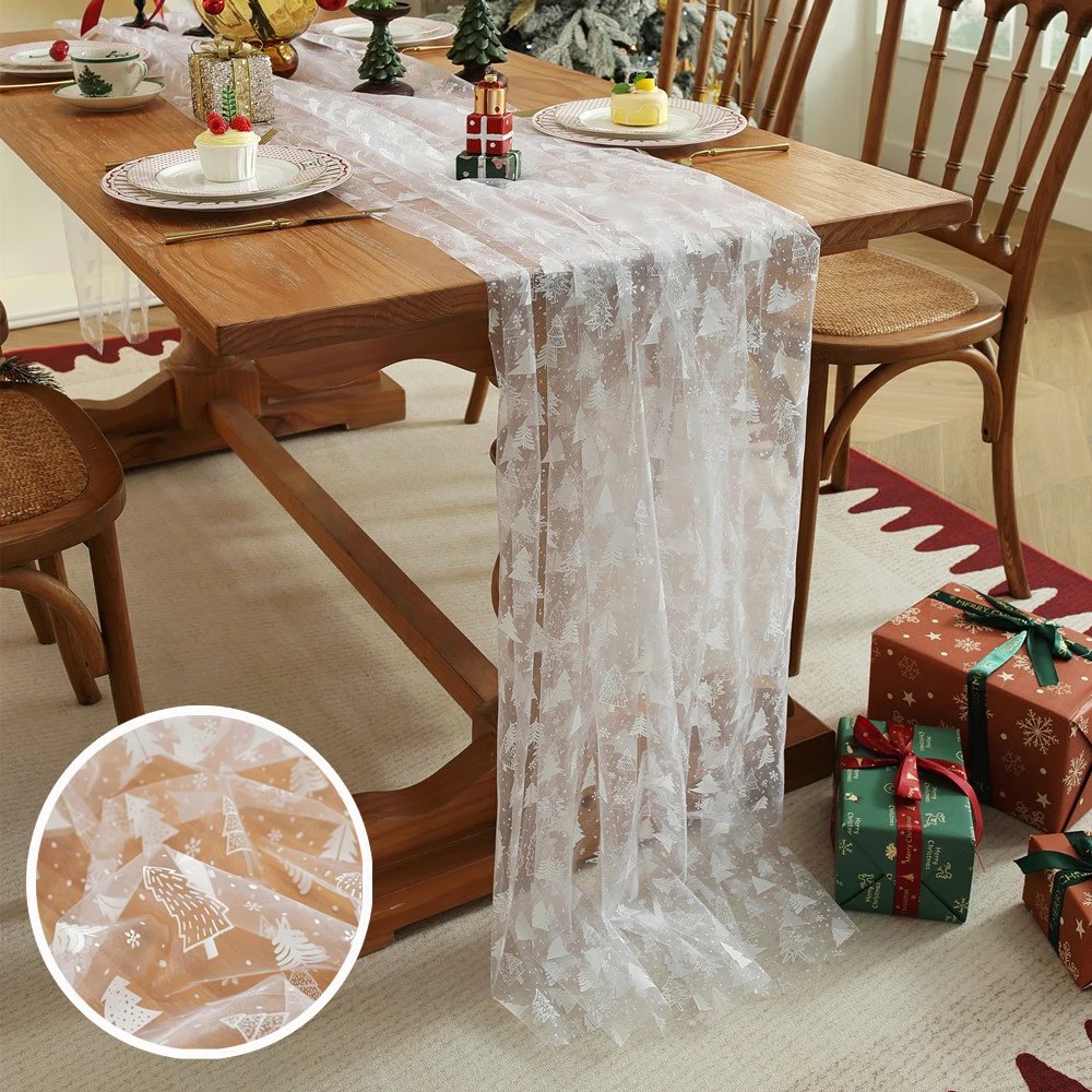 Christmas Series Gauze White Lace Printed Table Runner Christmas Tree Silver-Embossed Tablecloth Decoration Pleated Cover Towel