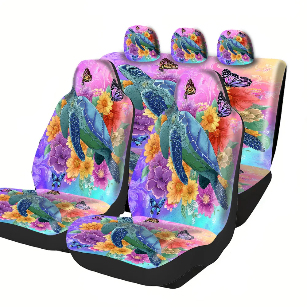 2-5 Seat Set Car Seat Covers, Artistic Turtle Flower Print Universal Polyester For Truck SUV Off-Road Car Festive Halloween Chri
