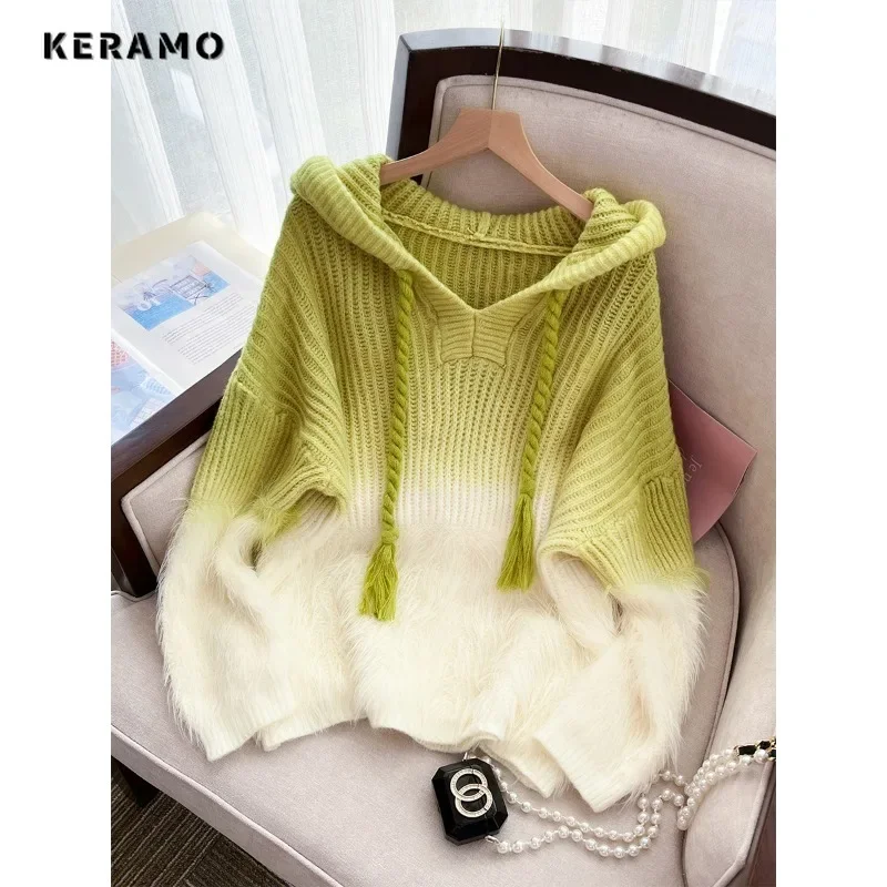 2023 Winter Casual Y2K Tassels Knitting Long Sleeve Gradient Pullovers Korean Fashion Women Chic Drawstring Ladies Warm Sweater