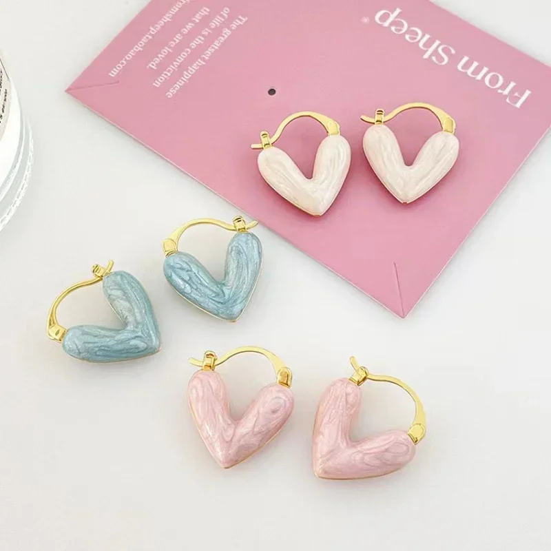Heart Ear Buckle Geometry Enamel Glaze Pink White Blue Color Pendant Earrings for Women Temperament European Girl Jewelry image 2