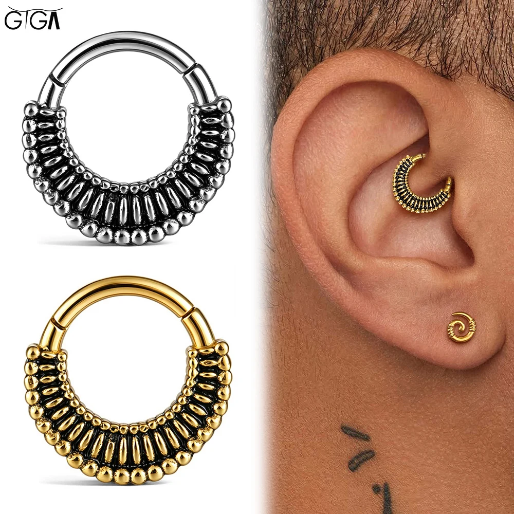 Giga 1 Stück 316L Edelstahl Vintage Perlen-Streifen Daith Helix Ring Klappbarer Clicker Segment Septum Hoop Körperschmuck