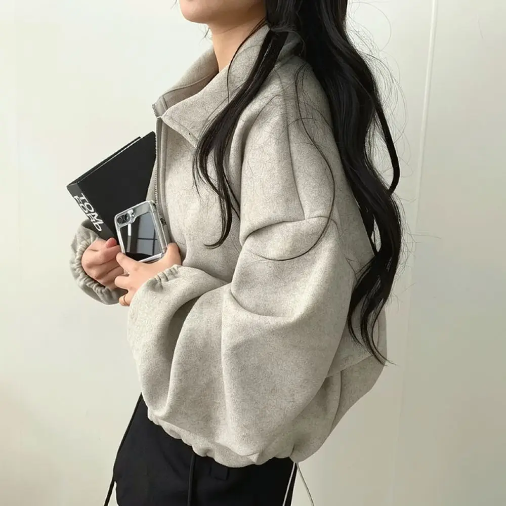 Fashionable Womens Short Coat Minimalist Style Loose Fit Zipper Jacket Drawstring Waist Design Long Sleeve Casual Top