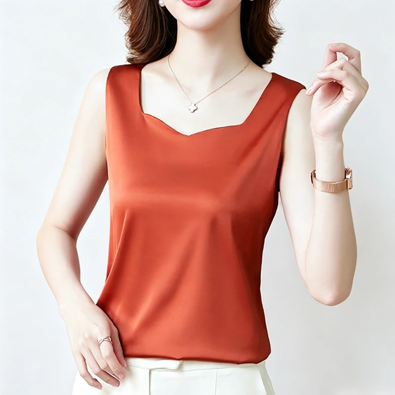 2026 Summer Silk Camisole Vest Women Korean Fashion Solid Satin Tank Tops Casual Office Lady Hotsweet Basic Clothing Size M-4XL