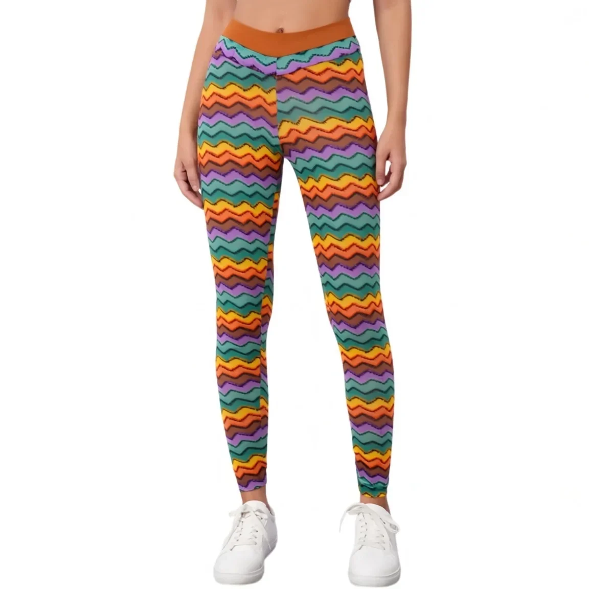 Womens Colorful Wavy Leggings High Waisted Chevron Striped Pants Retro 70s Geometric Tights for Casual Party