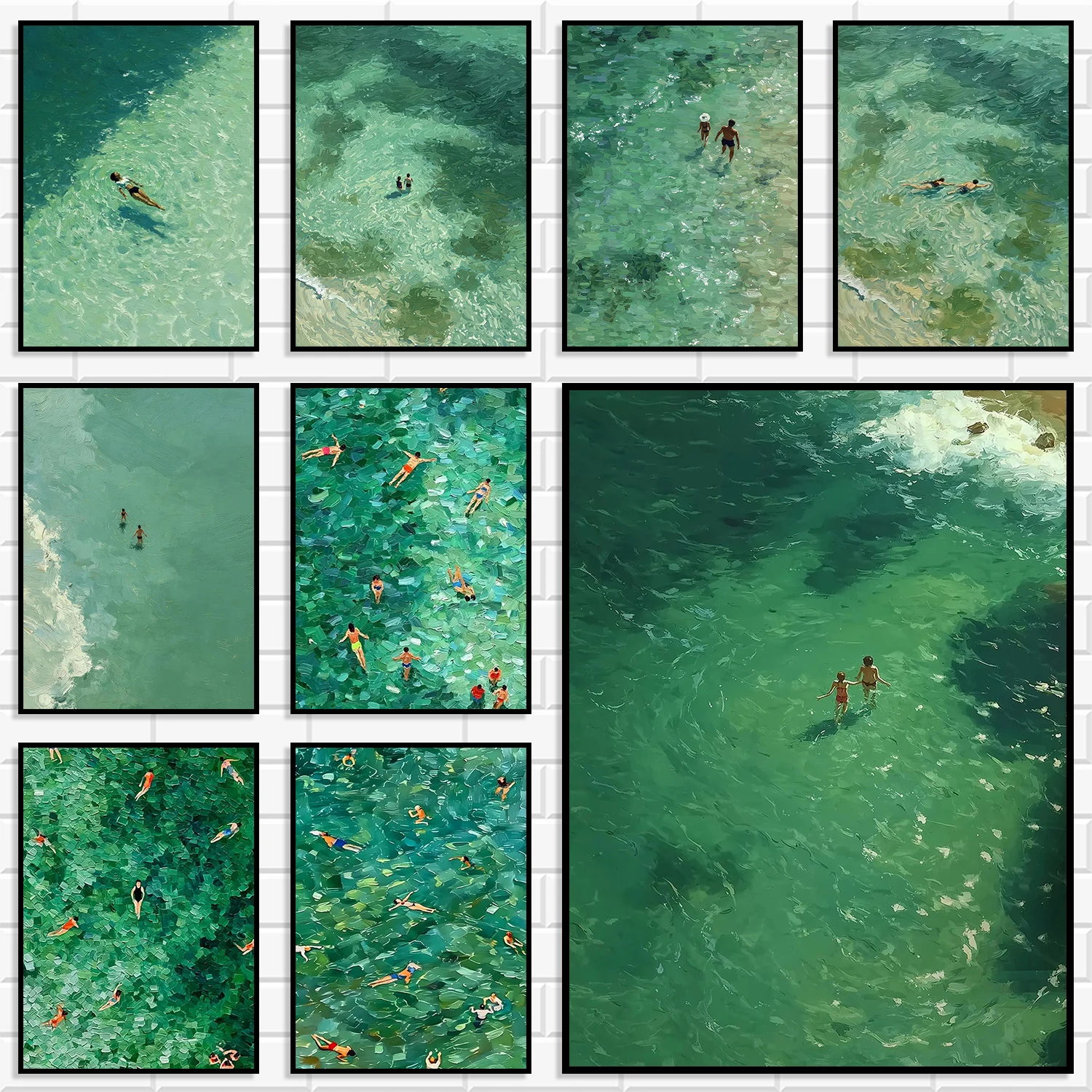 Turquoise Ocean Beach Wall Art Prints Set Aerial View Swimmer People Seascape Canvas Posters Coastal Oil Painting Home Decor