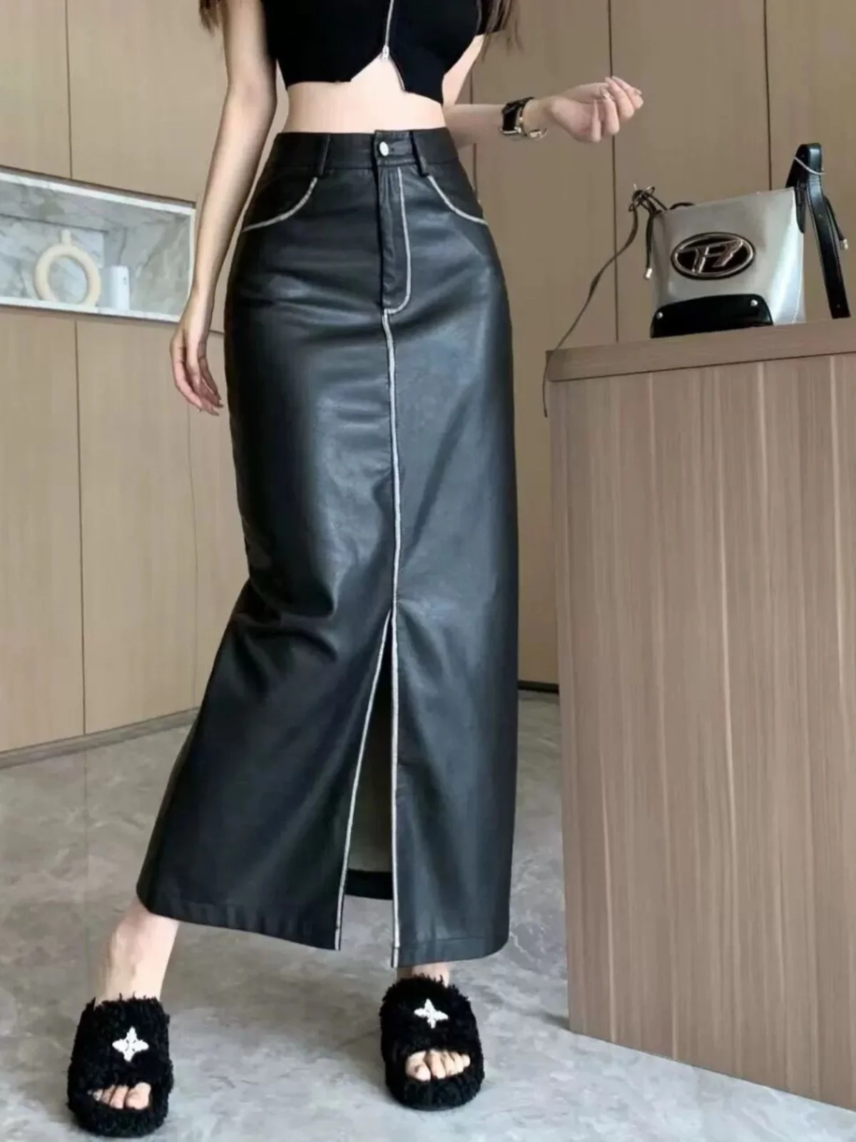 

Ning Spring Autumn Lamb Skin Leather Skirt High Waist Slimming A-Line Long Trendy Simple Color Blo Women's Skirt