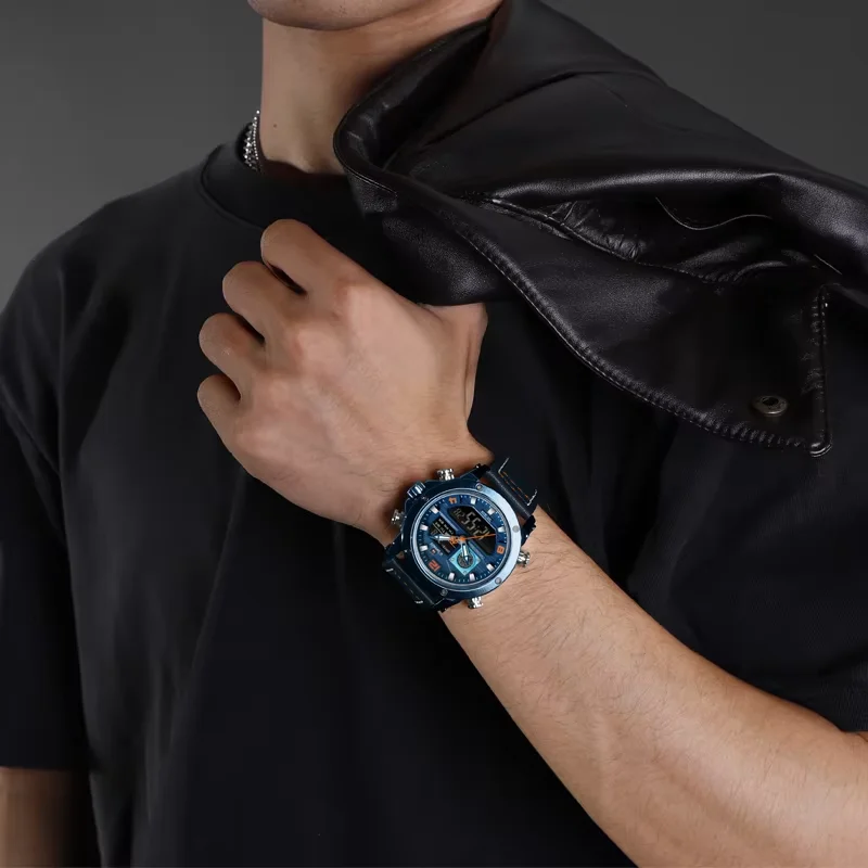 NAVIFORCE Fashion Men Dual Display Wristwatch Quartz Waterproof Multifuntion Leather Strap Clocks Casual Sports Watches for Male