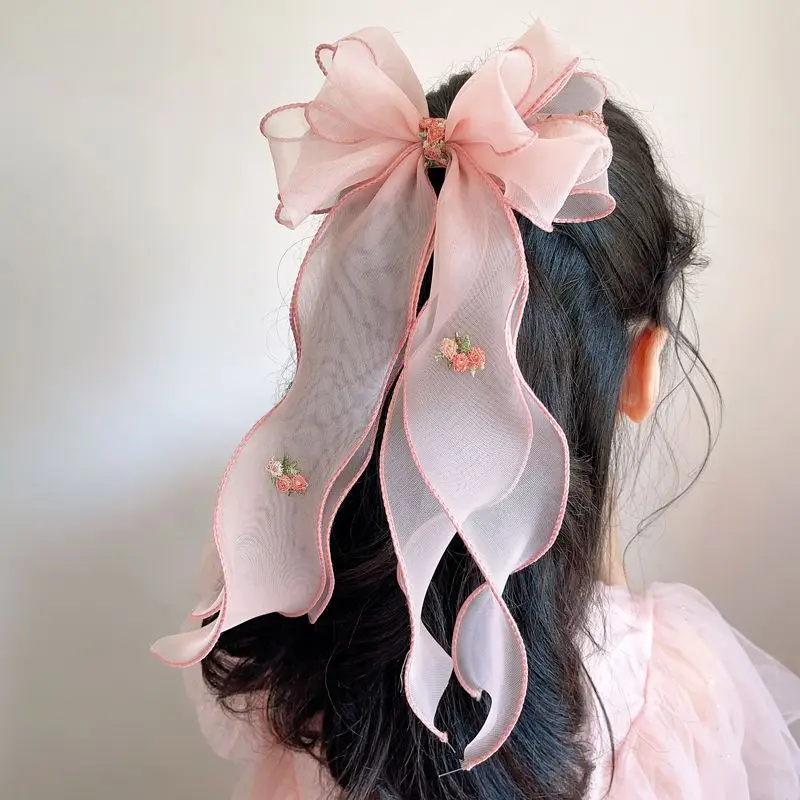 Korean Children's Ribbon Bow Hair Clip Princess Hairpin Embroidered Flower Party Travel Headband Edge Clip