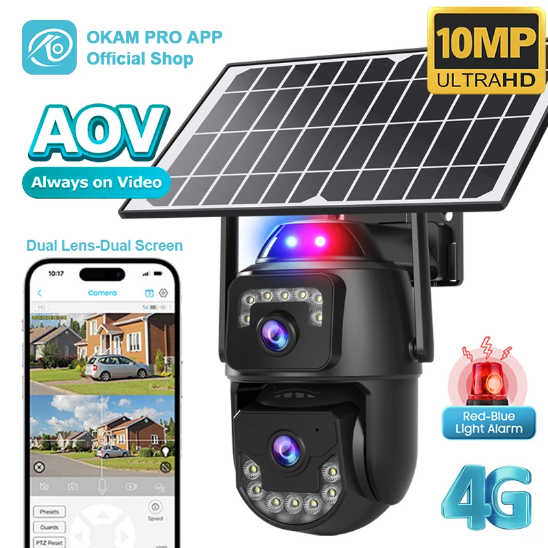 

OKAM PRO AOV Solar Camera HD 10MP Dual Lens 4G Camera Mobile Tracking Night Vision Outdoor CCTV Two-way Intercom Light Alarm