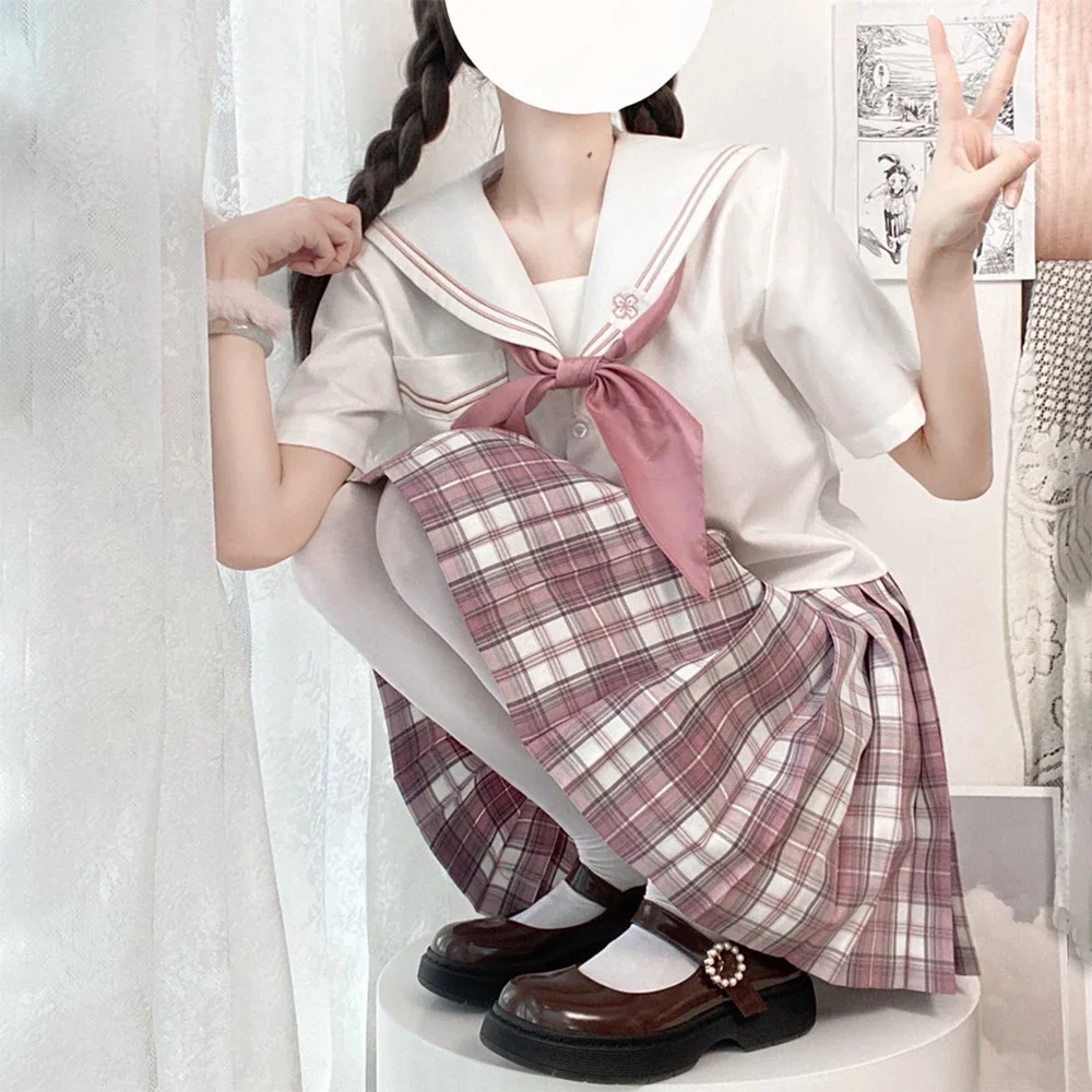 Conjunto de uniforme escolar japonês para meninas, doce flor de cerejeira jk terno sexy xadrez saia plissada fuku anime cos fantasias de formatura femininas
