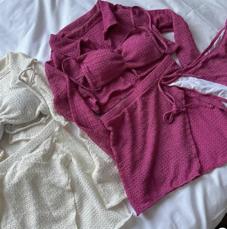 섹시한 한국 패션 핑크 밴도 비키니 세트 4종 긴팔 수영복 미니스커트 비치웨어 수영복 비키니