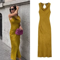 PB&ZA 2024 summer new women's fashion solid color versatile sleeveless slim wrinkle effect midi backless dress