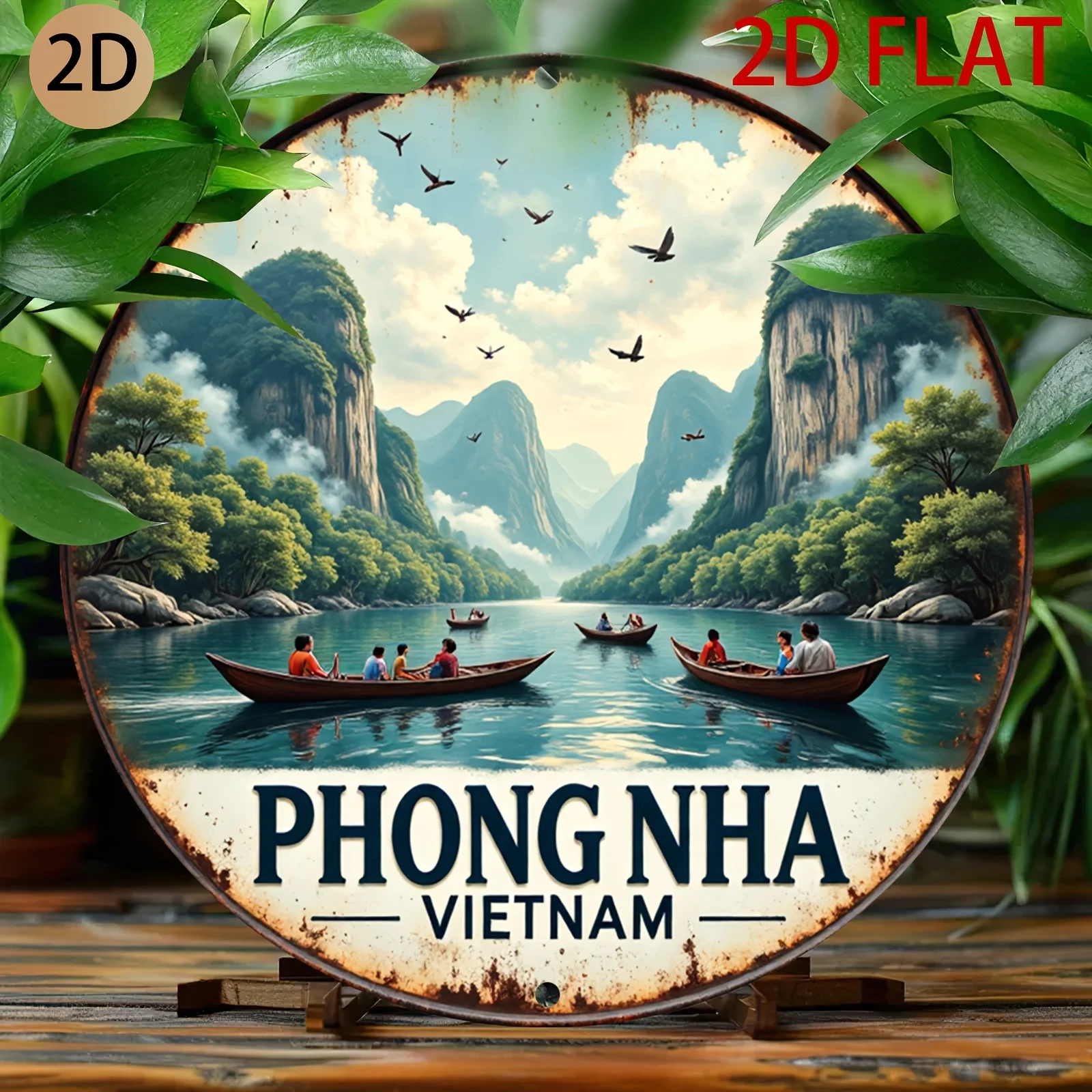 2D Flat - A Retro-Style Metal Sign Featuring a Circular Rust Effect, Depicting The Scenic Beauty of Phong Nha in Vietnam, Perfec