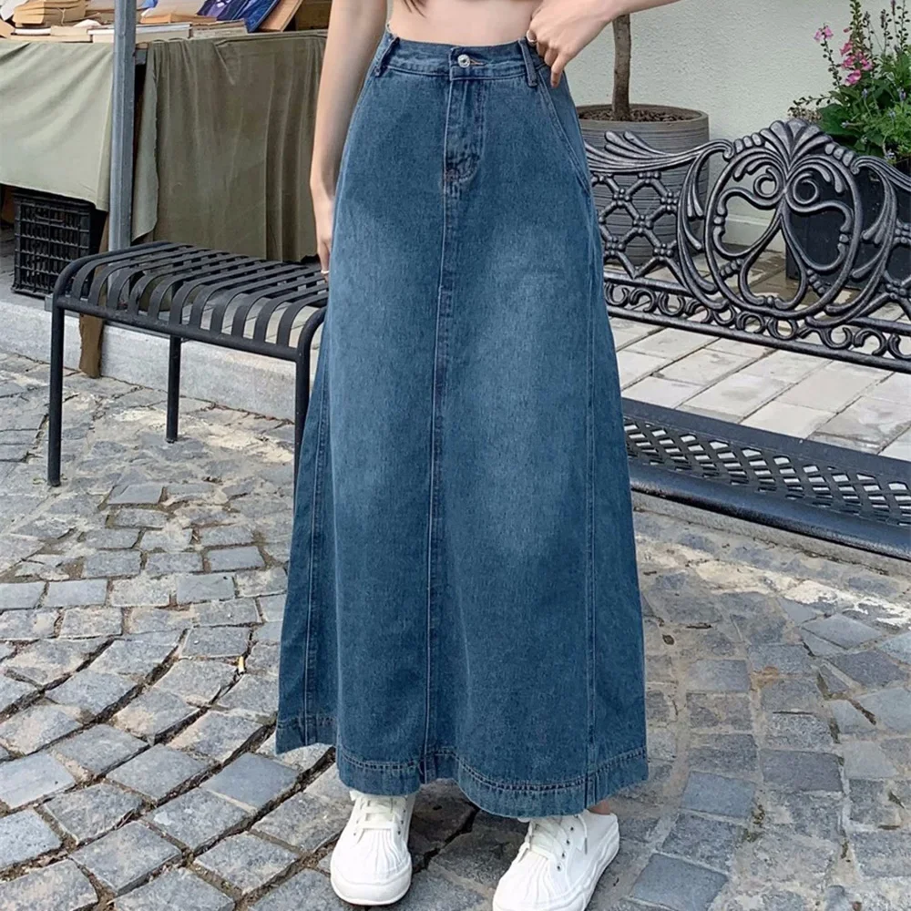 S-5XL Women Long Denim Skirt Summer Fashion Vintage High Waist Hip Wrap A-Line Jeans Skirt Spring Casual Loose Split Skirt Z291