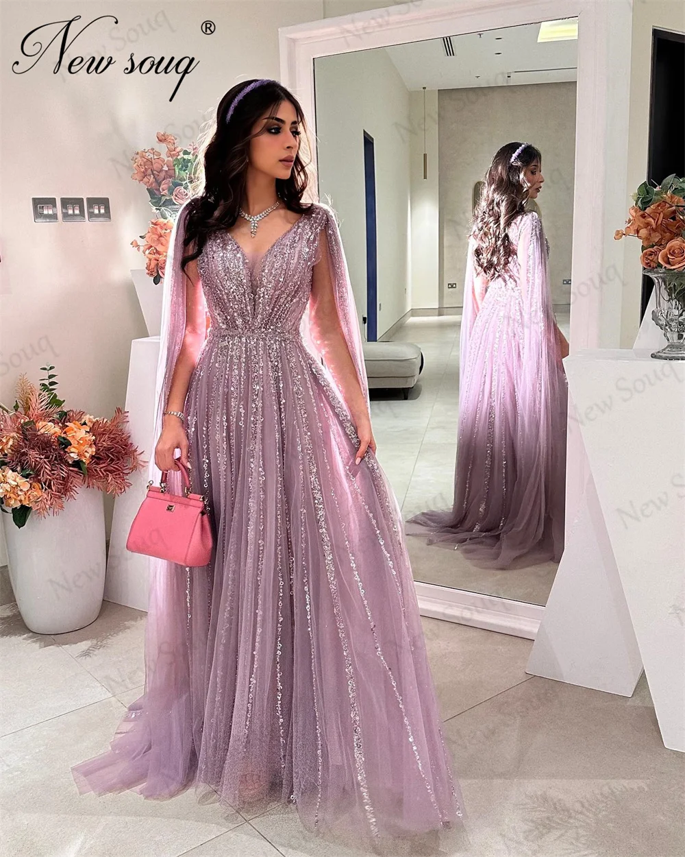 Purple Long Sequins Evening Dresses With Cape Sleeves Haute Coutures Beading Cocktail Dress Pageant Dubai Engagement Party Gowns