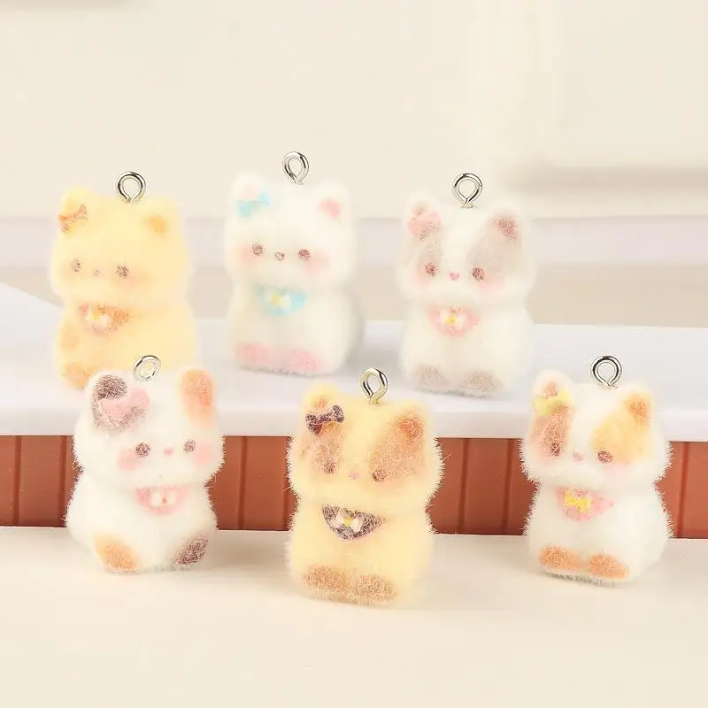 3D-beflockte Harz-Katzenanhänger, 6 Stück, niedliche Kätzchen-Anhänger für DIY-Schmuckherstellung, Halskette, Armband, Schlüsselanhänger, für Tierliebhaber, handgefertigtes Kunsthandwerk – Detail 4