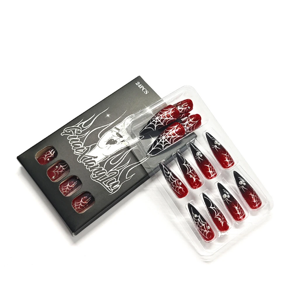 24 ชิ้น Cool ฮาโลวีนเล็บปลอมยาวอัลมอนด์กดบนเล็บสีแดงสีดํา Cool สาวฮาโลวีนตกแต่งเล็บเคล็ดลับยาวเล็บปลอม