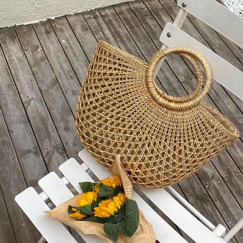 retro-yellow-grass-woven-handbag-large-open-mouth-beach-vacation-moon-shape-straw-bag-custom-design-service-diy-fashion-acces
