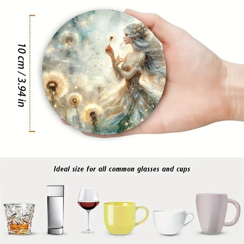 4 sets of dreamy elf girl pattern art coasters, anti-slip wooden coasters, suitable for kitchen, office and party decoration