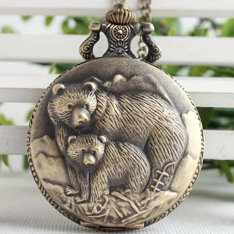 

Bear Embossed Quartz Pocket Watch Retro Vintage Animal Analog Necklace Chain Watch For Women Men Christmas Father's Day Gift