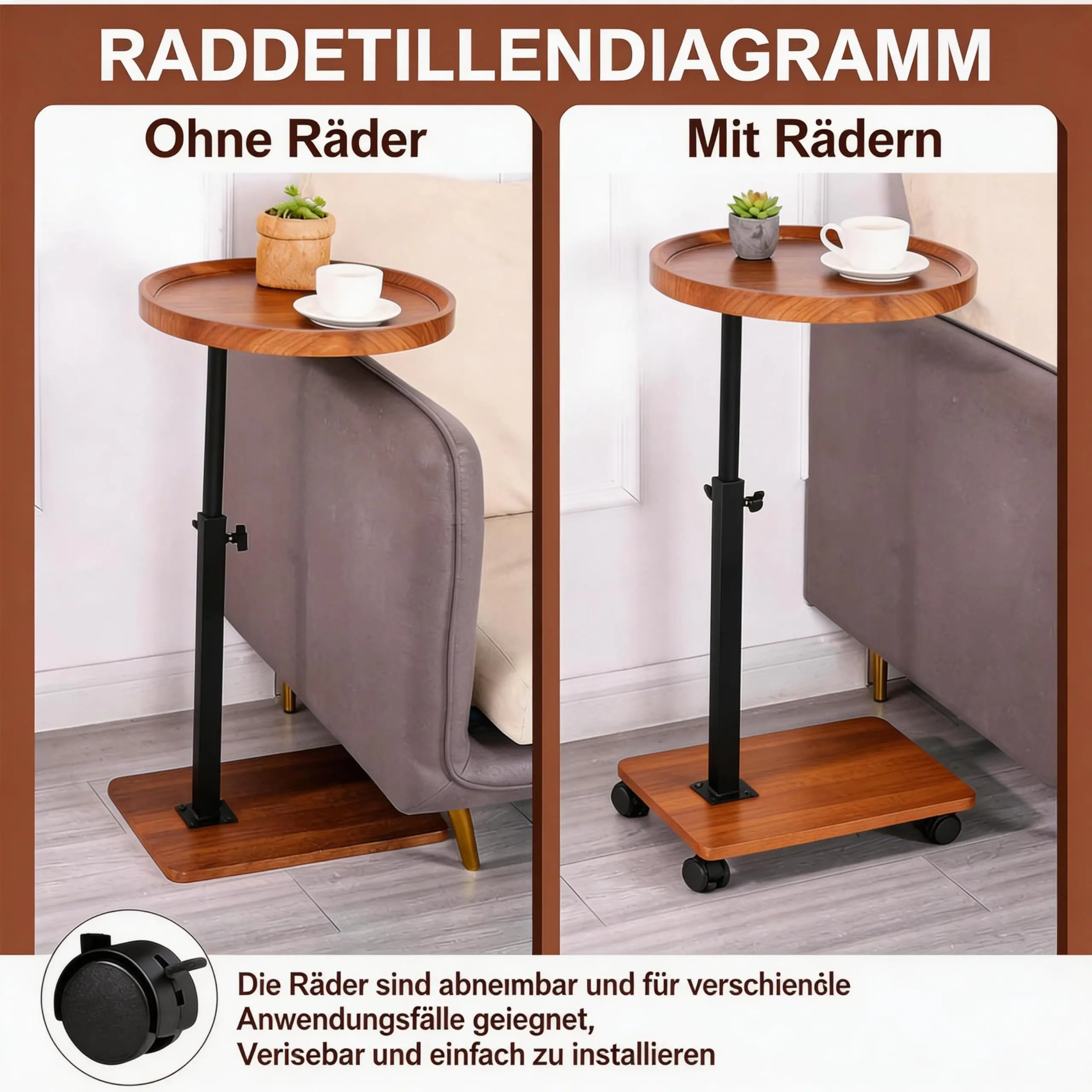 Afbeelding 6: Bijzettafel met wielen, salontafel Ronde C-vormige bijzettafel in hoogte verstelbaar 45-80cm, kleine tafel met 360° draaibare functie °   draaibare bar – bank- of bedbijzettafel voor woonkamer, slaapkamer, houtverf