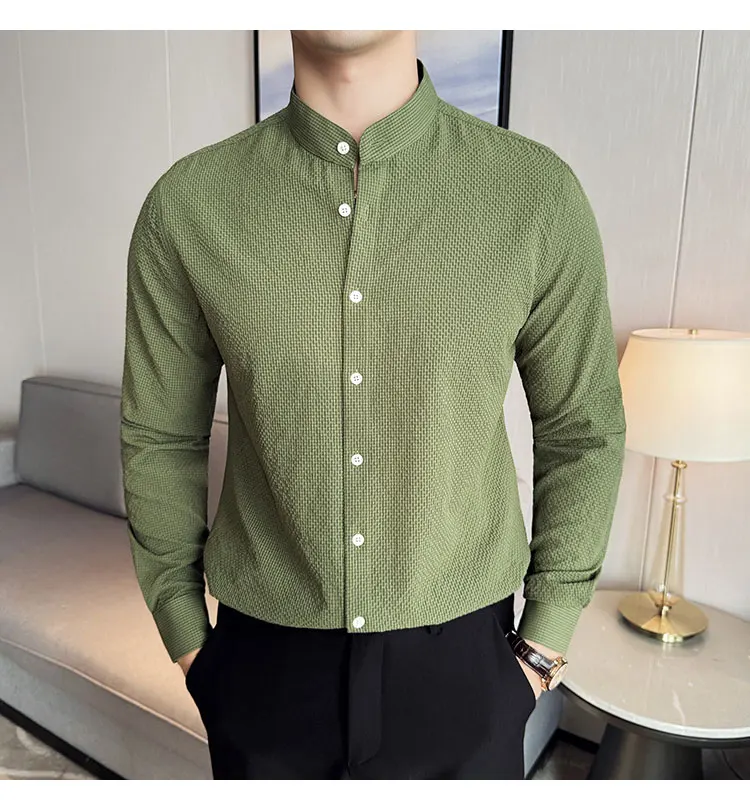 Luxury Men's Shirt New Chinese Style Stand Collar Long Sleeve Shirt High Quality Stretch Buersucker Shirt Green Male Clothing