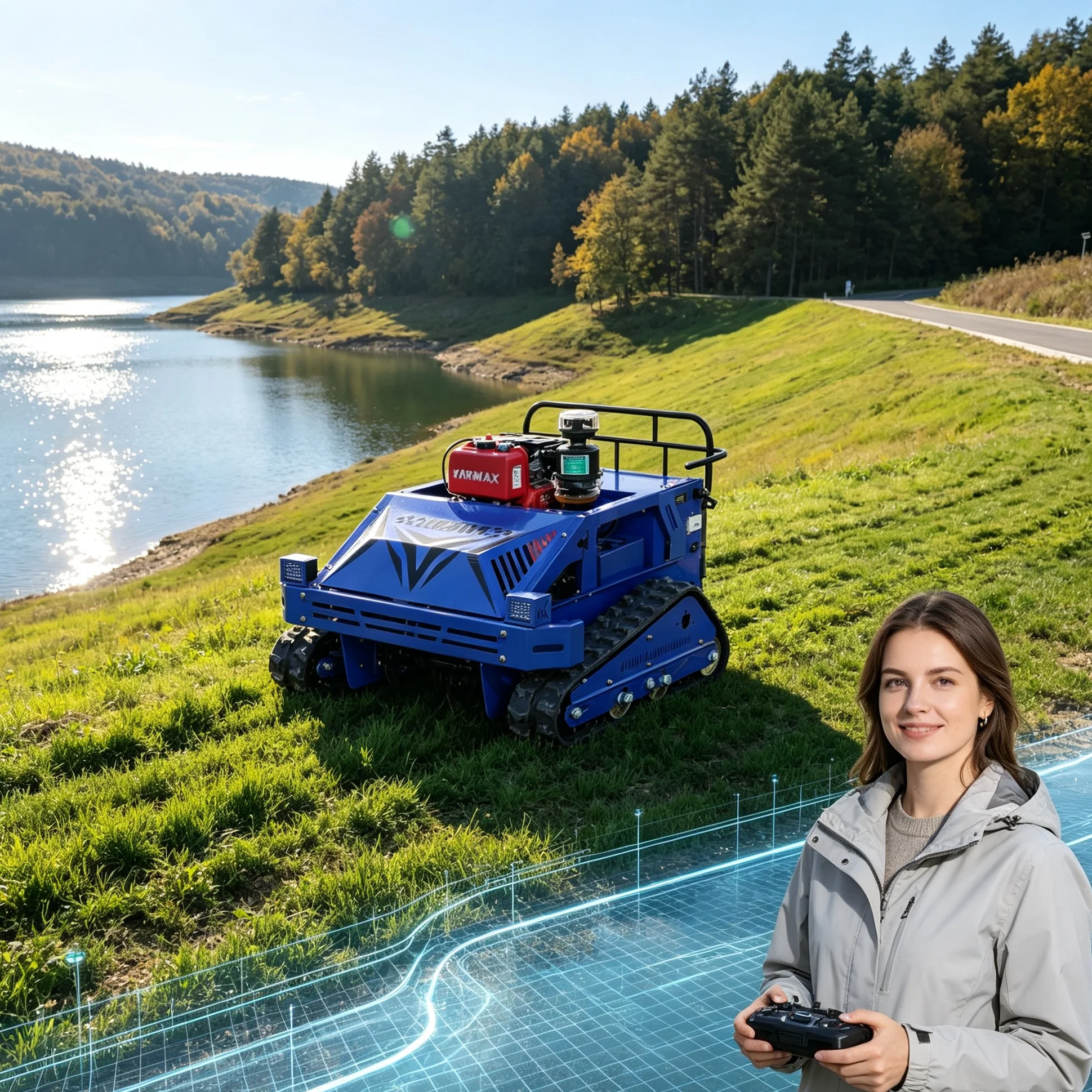 Robot Cortacésped Autopropulsado 550S para Cinturones Verdes en Bordes de Agua, Personalizado, con Motor Diésel Azul de Bajo Ruido, Seguro para Terrenos Mojados
