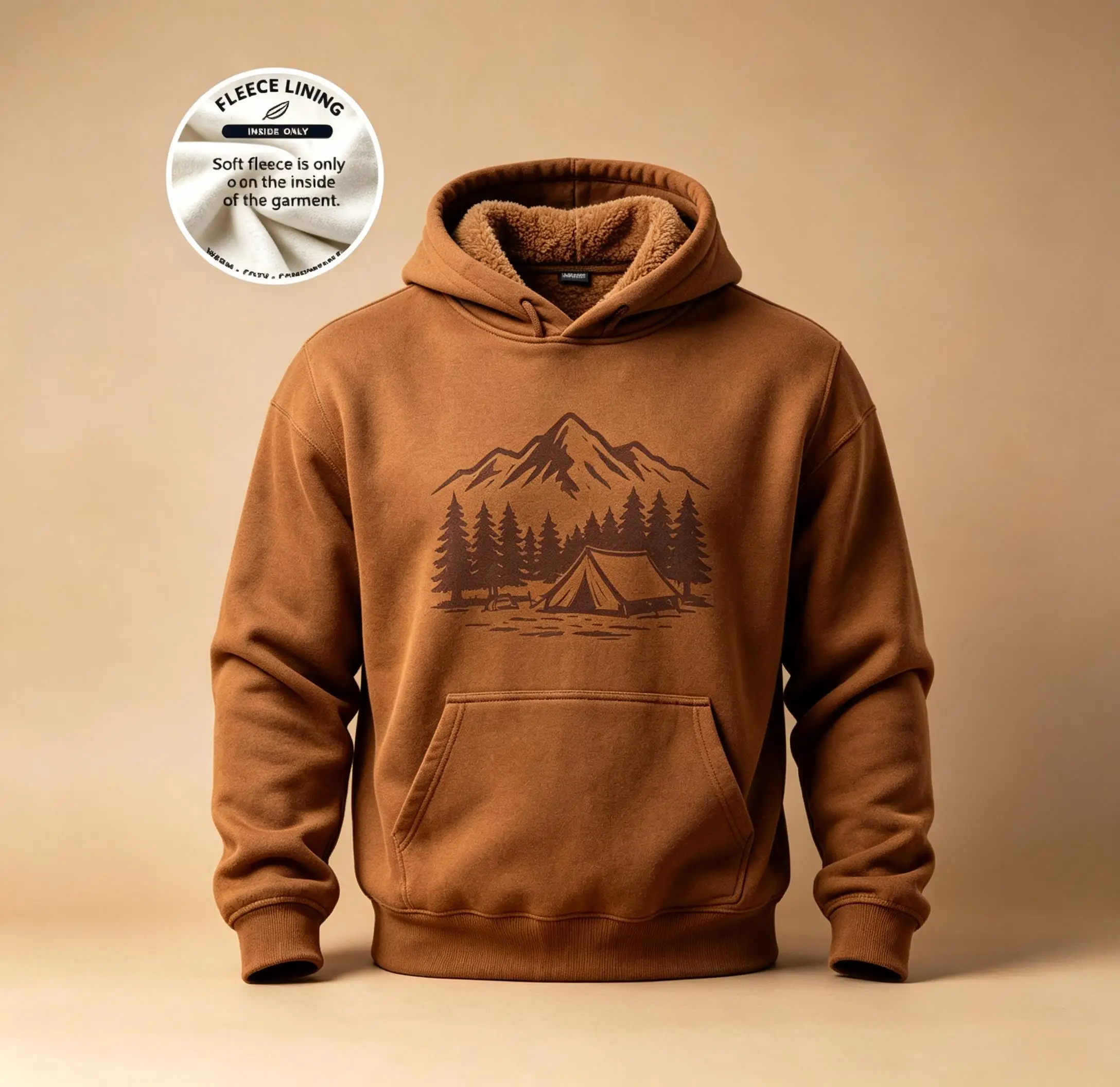 Men Fleece Lined Hoodie Caramel Mountain Forest Tent Print Drawstring Pullover Outdoor Sweatshirt