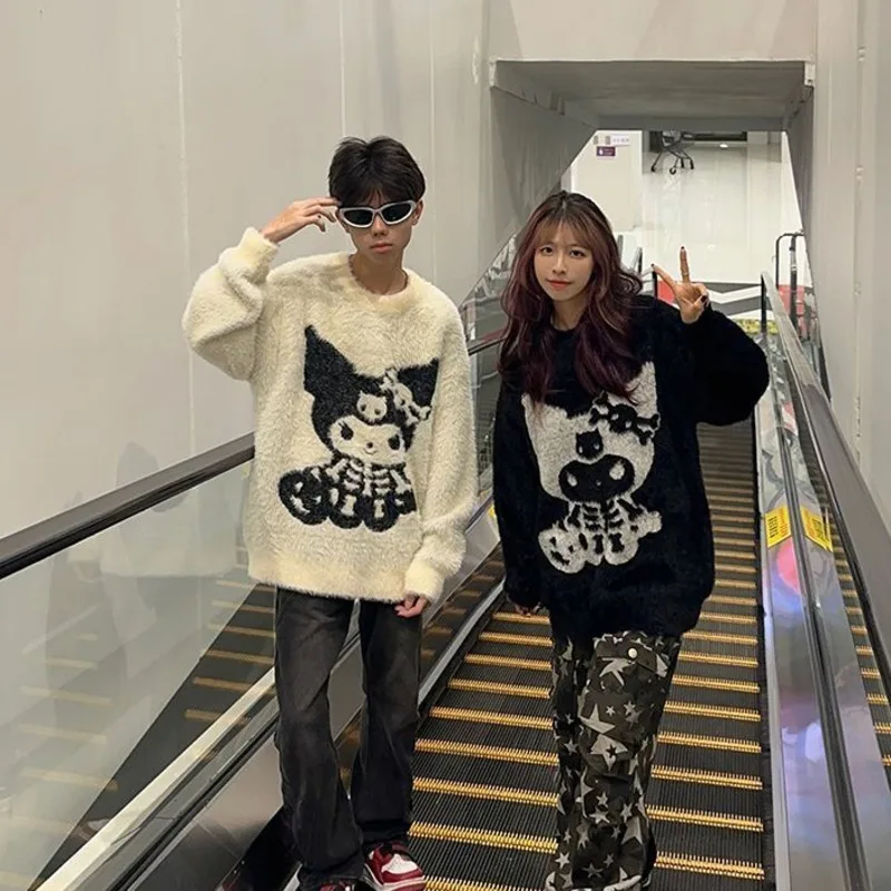 Sanrio Kuromi Sweater Kawaii Cartoon Loose Knitted Pullover Y2k Harajuku High Street Sweatshirt Streetwear Black White Sweaters