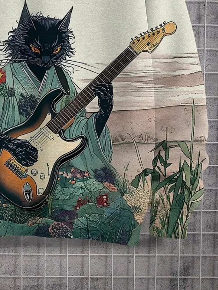 الرجال كيمونو القط العزف على الجيتار الزهور اليابانية الفن طباعة بلوزة غير رسمية عطلة الخريف 2025 طويلة الأكمام س الرقبة البلوفرات 7 #4