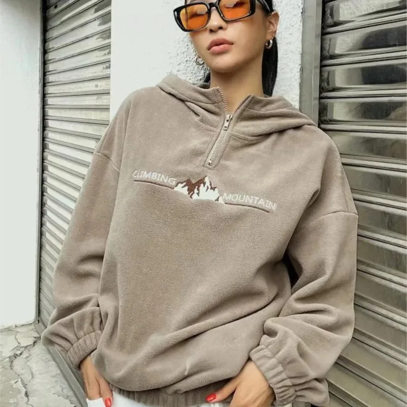 패션 플리스 지퍼 풀오버 탑 빈티지 옷 가을 겨울 자수 스트리트 기본 후드티 신상 여성 후드 스웨트셔츠
