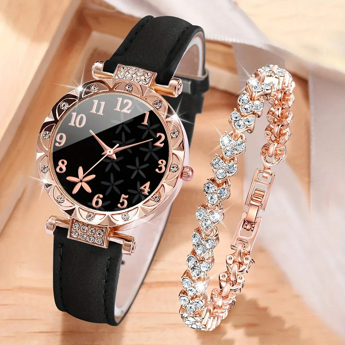 2 Stks/set Damesbloem Strass Mode Quartz Horloge Analoog Pu Lederen Polshorloge & Armband, Cadeau Voor Mama Haar