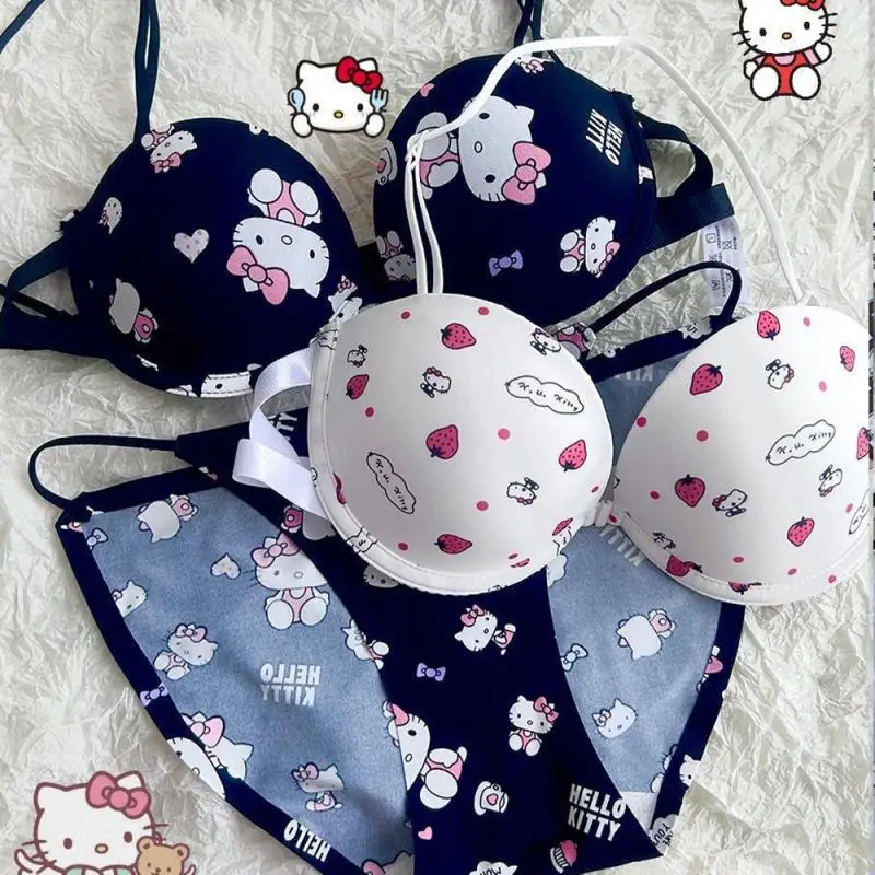 Kawaii Sanrioed Bra Set Hello Kitty Underwear Panties Bra Set Push-Up Bra Comic Underwear Sexy Pure Desire Bra Sweet Girl Gift