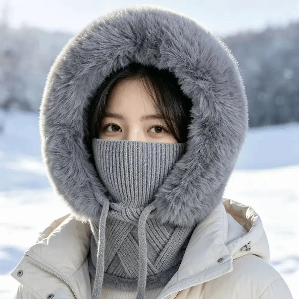 Trim Winter Thick Hat Diamond Pattern Ear Coverage Women's Knitted Ear Protectors Scarf Warm Lining Drawstring