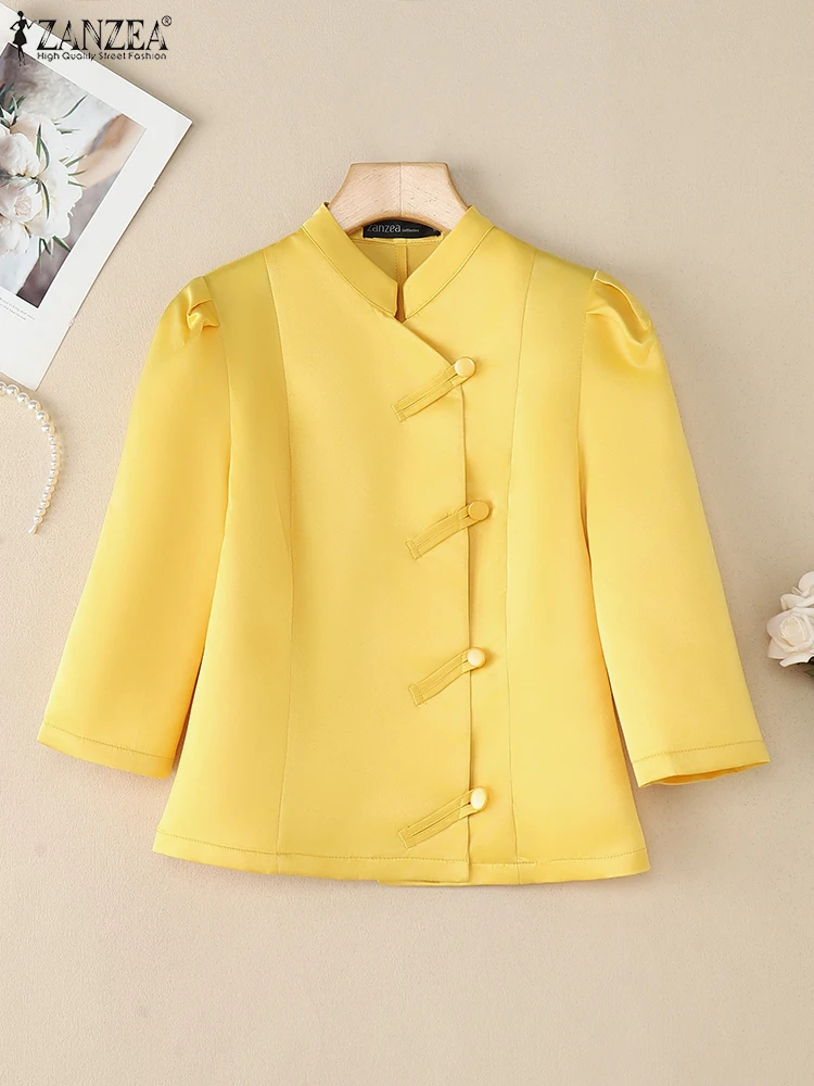 

ZANZEA Vintage Casual Stand Collar Shirts Women Asymmetric Front Satin Chemise Femme Autumn Fashion Three Quarter Sleeve Tops