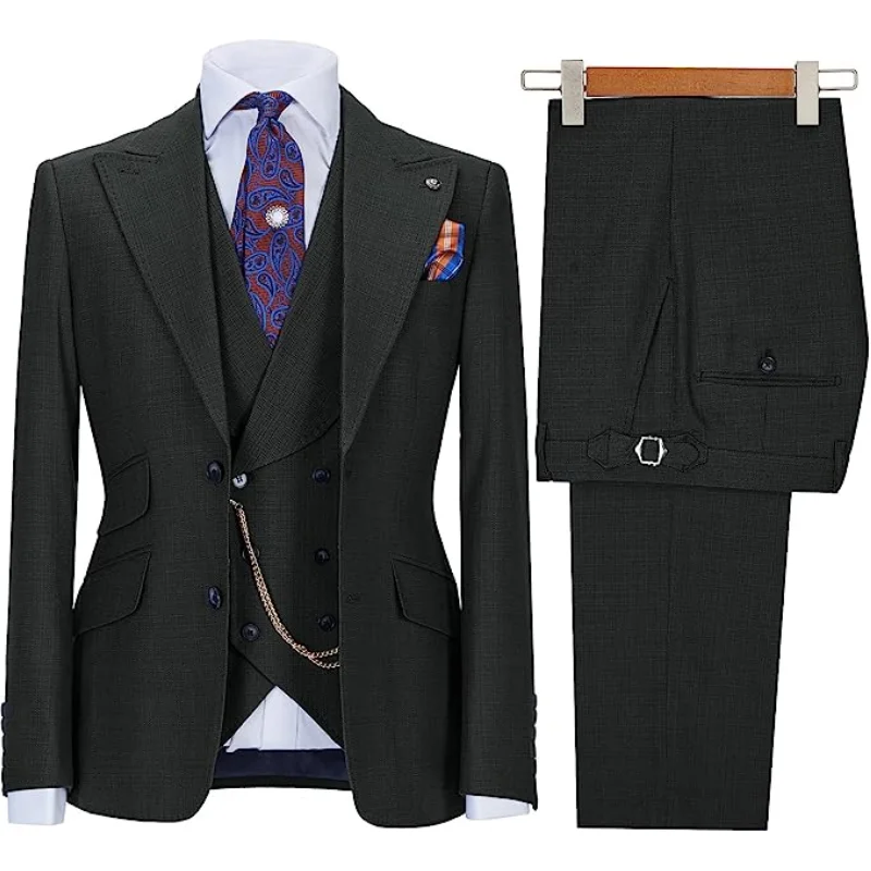 Lansboter Navy Blue Men Suit 3 Pieces Slim Business Casual For Wedding Groom Formal Work Tuxedo Jacket Vest With Pants