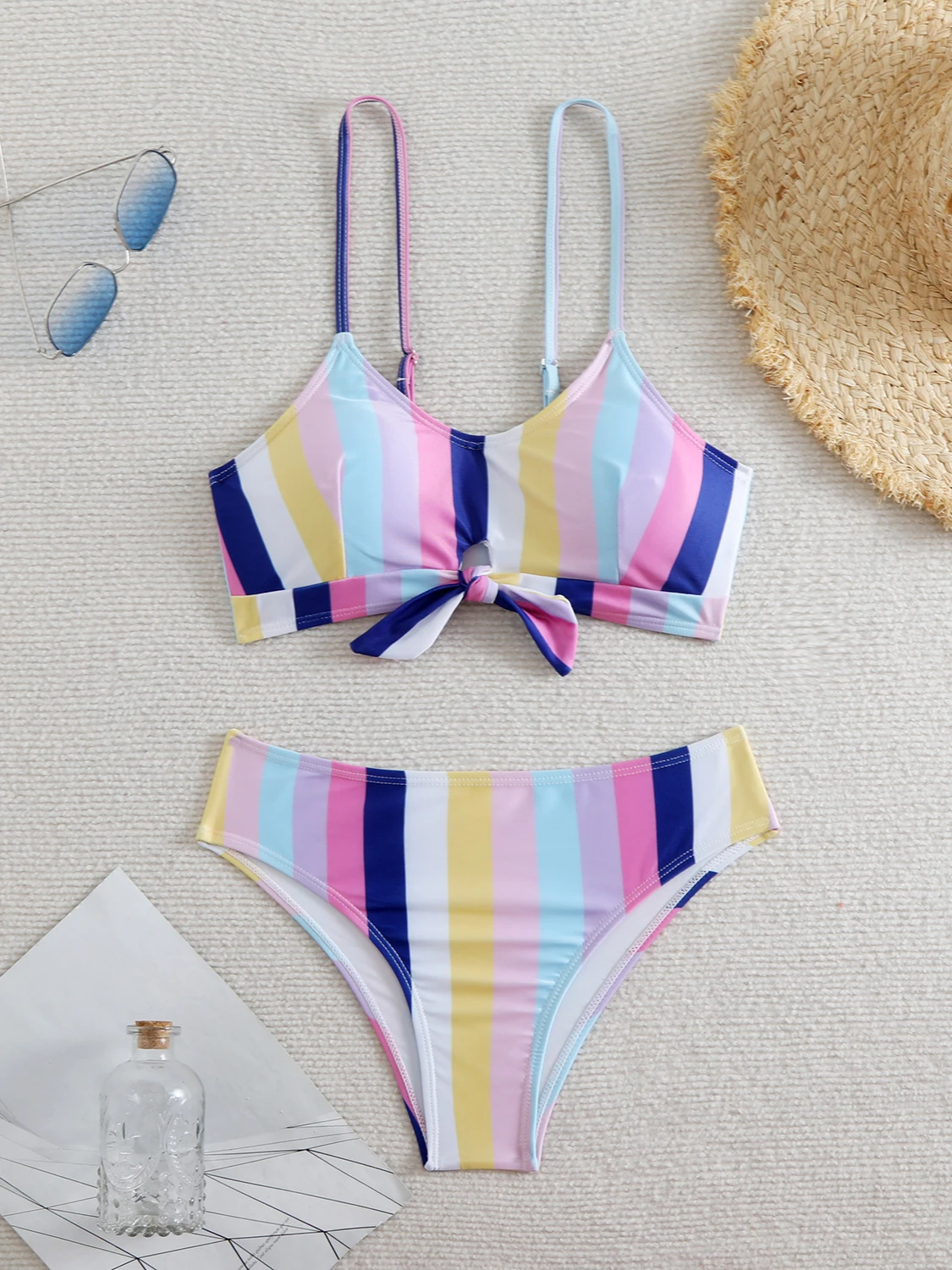 2 Pieces Swimsuit for Women Stripe Print Sexy Suspender Backless Bikini Set High Wasit Beach Vacation Bathing Suit 2025 New