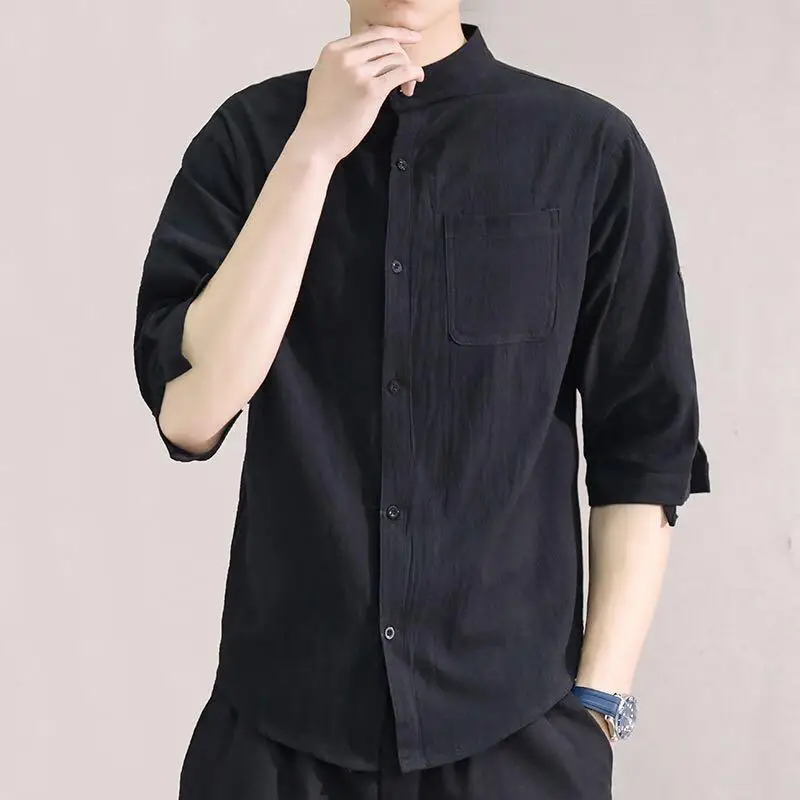 Camisa retrô masculina com botão de linho de algodão, blusa casual simples de meia manga, tops preto e branco, verão solto