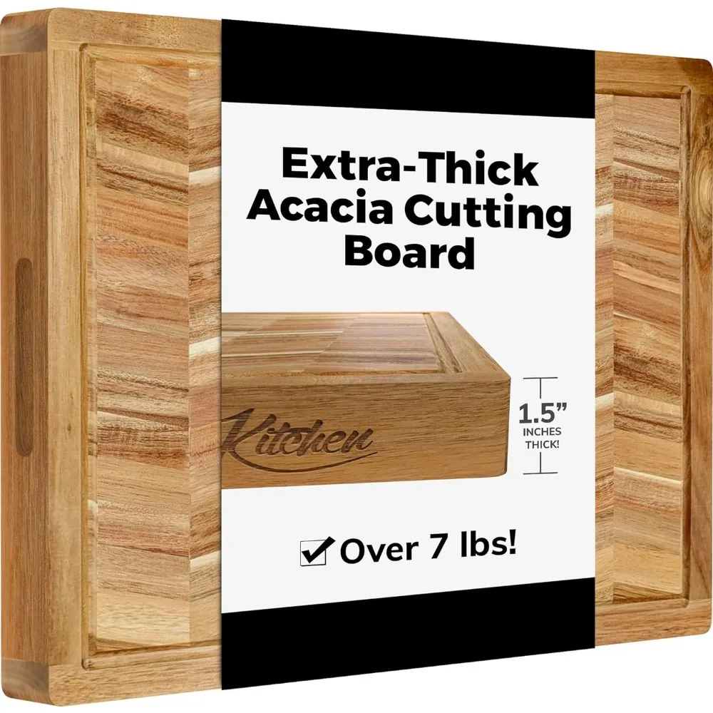 

Extra Large Acacia Wood Cutting Board w/Juice Grooves and Handles - Best Kitchen Cutting Boards for Chopping and Slicing