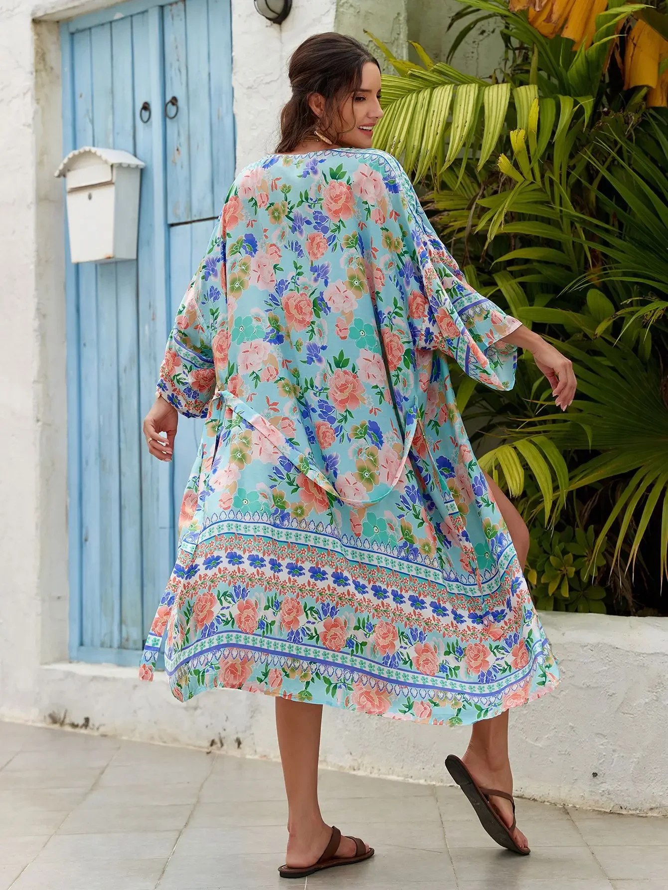 TEELYNN Beach Cover Up Boho Floral Print Long Sleeve Kimono Women Dress Vintage Cotton Rayon Summer Bikini Cover-Ups Vestidos