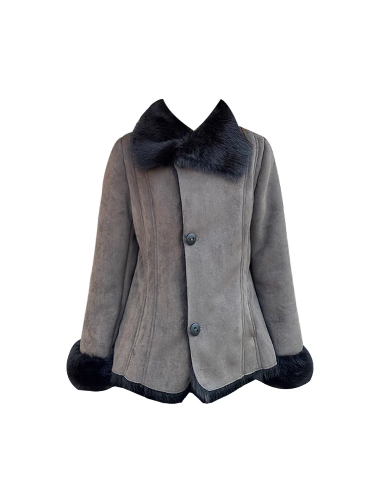 

Retro Wool Collar Splice Asymmetrical Zipper Women's Winter Slimming Warm Top Polyester Fiber Long Sve Regular Length