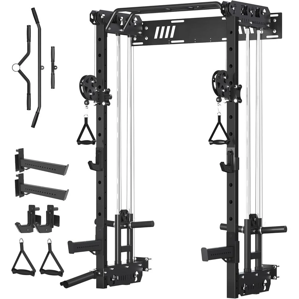Power Rack compacto de pared de 1600 libras con doble crossover, barra extraíble y minas terrestres para gimnasios en casa